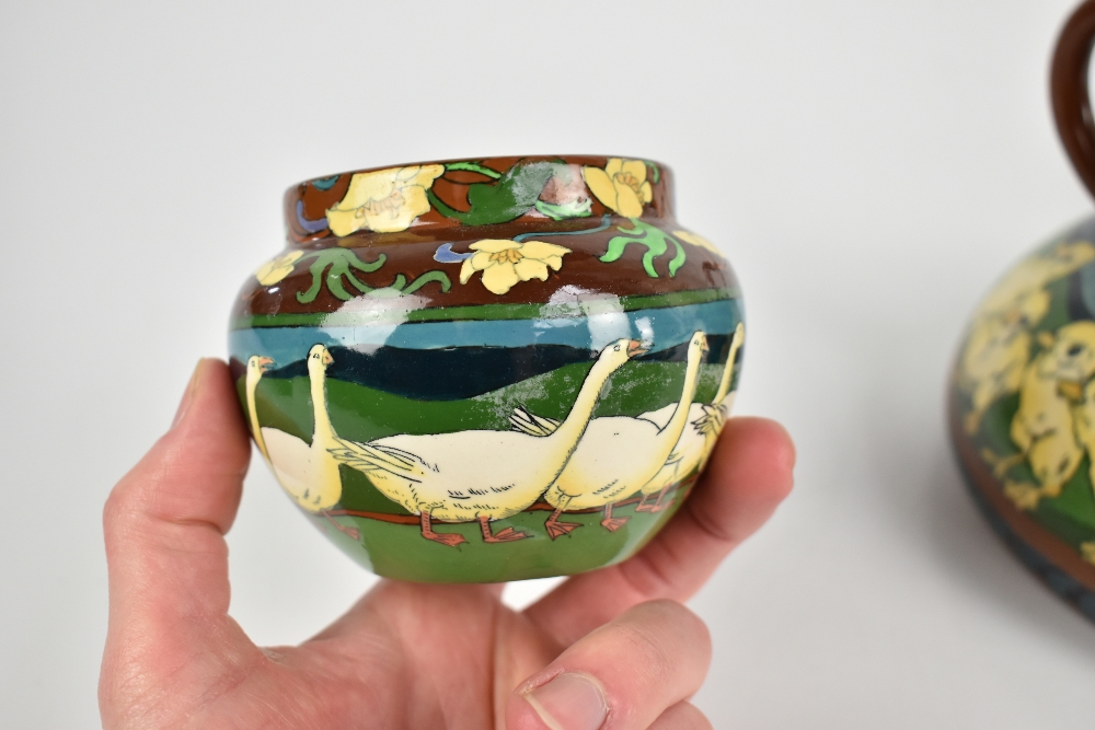 WILEMAN & CO; a Foley Intarsio squat jug of circular form, painted with chicks in landscape setting, - Image 4 of 11