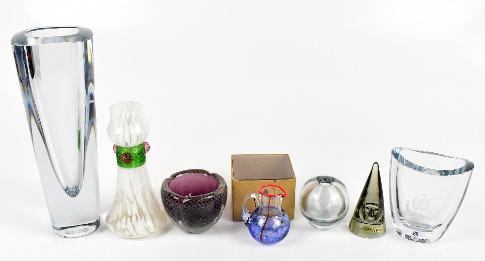 A collection of Scandinavian glassware including a Stromberg vase engraved with a Viking boat,