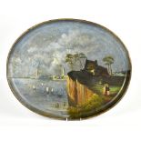 A Victorian oval papier-mâché tray with painted scene of figures walking on a cliff top with boats