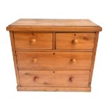 A Victorian pine chest of two short and two long drawers on simple plinth base, width 90cm.