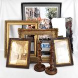 Two picture frames, two small oak frames, a pair of candlesticks, a mirror and a poster (8).