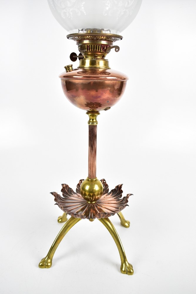 WILLIAM ARTHUR SMITH BENSON (1854-1924); an Arts & Crafts copper and brass oil lamp raised on single - Image 4 of 8