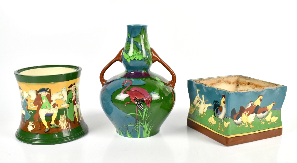 WILEMAN & CO; a Foley Intarsio jardinière, painted with cockerel and hens in landscape setting,