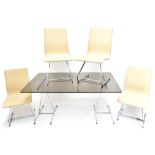 A mid-century dining suite comprising glass-topped dining table of rectangular form with two