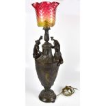 *AMENDED* W SUGG; a bronze twin handled pedestal urn table lamp with cast decoration depicting