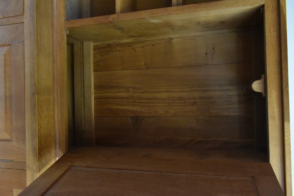 DEREK 'LIZARDMAN' SLATER; a light oak bookcase, the upper section with central panelled cupboard - Image 6 of 11