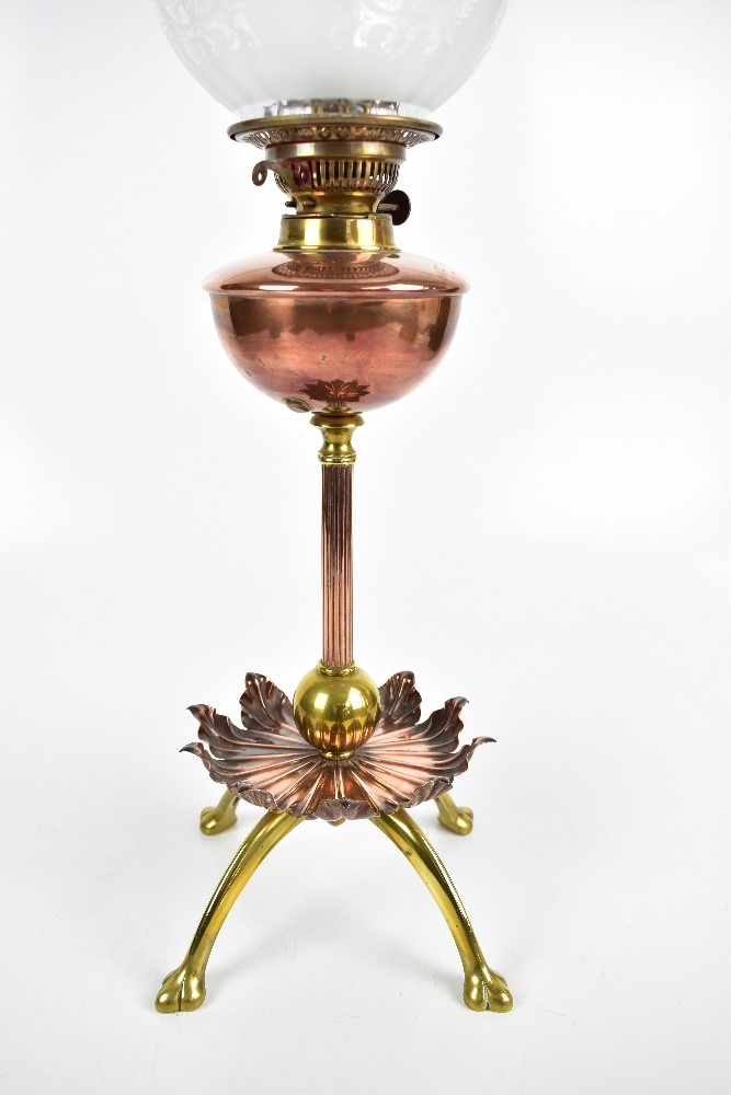 WILLIAM ARTHUR SMITH BENSON (1854-1924); an Arts & Crafts copper and brass oil lamp raised on single - Image 5 of 8