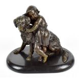 ATTRIBUTED TO ALFRED PIERRE RICHARD; a bronze figure group of a young girl cuddling her dog,