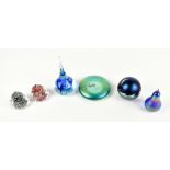 Six assorted paperweights to include Korreia iridescent example, two Persia tear drop examples and