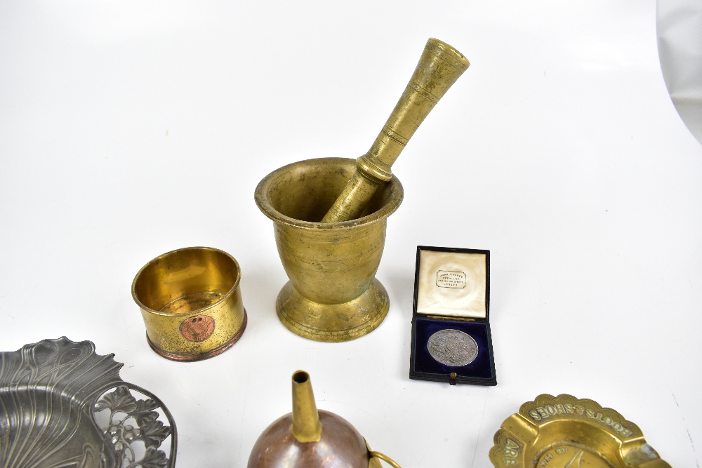 A brass pestle and mortar, a copper funnel, an Art Nouveau pewter dish (af), an advertising Tyler' - Image 2 of 4