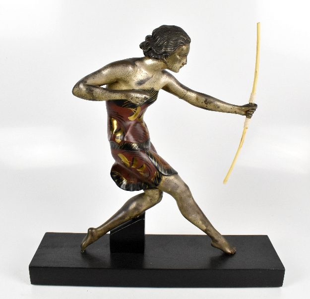 An Art Deco silvered spelter model of a female archer, raised on black painted plinth base, height