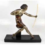 An Art Deco silvered spelter model of a female archer, raised on black painted plinth base, height
