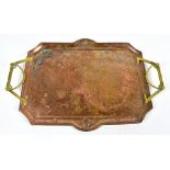 KARL DEFFNER; an Art Nouveau rectangular copper tray with applied brass handles and embossed