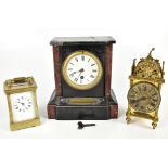 Three clocks comprising a Mappin & Web Ltd brass cased carriage clock, the circular dial set with