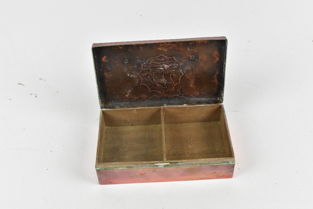 HUGH WALLIS (1871-1943); an Arts and Crafts rectangular copper jewellery box with central detail - Image 3 of 3