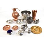 A collection of Arts & Crafts metalware to include an English Pewter milk jug and sugar bowl, No.