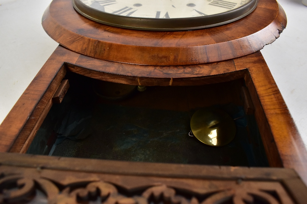 A late 19th century American walnut drop dial wall clock, the painted dial set with Roman - Image 4 of 5