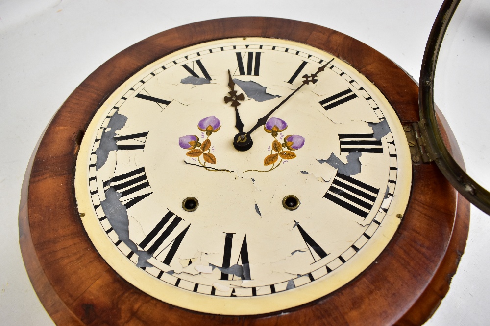 A late 19th century American walnut drop dial wall clock, the painted dial set with Roman - Image 5 of 5