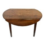 A 19th century oak drop leaf table of good colour, the oval plank top raised on tapering legs, width