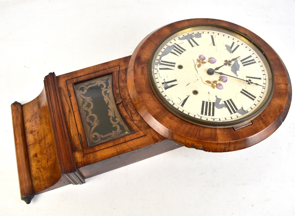 A late 19th century American walnut drop dial wall clock, the painted dial set with Roman