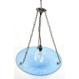 DEGUE; a French Art Deco ceiling light with chevron detailed blue glass shade, diameter 38cm.