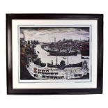 AFTER LAURENCE STEPHEN LOWRY; a large coloured print, ‘The Docks’, bearing blind stamp lower