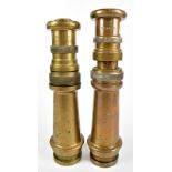 Two vintage brass fire hoses, one inscribed 'L&G On Guard A', the second inscribed 'Elgon A', height