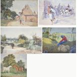 F PETIZZI; watercolour, 'Shepherd Resting', 22 x 31cm, and four further decorative watercolours, all