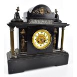 A late 19th century French black slate mausoleum type mantel clock, width 41cm (af).Additional