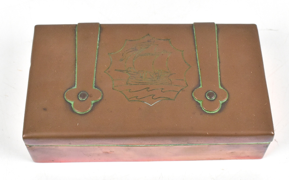 HUGH WALLIS (1871-1943); an Arts and Crafts rectangular copper jewellery box with central detail