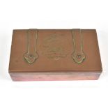 HUGH WALLIS (1871-1943); an Arts and Crafts rectangular copper jewellery box with central detail