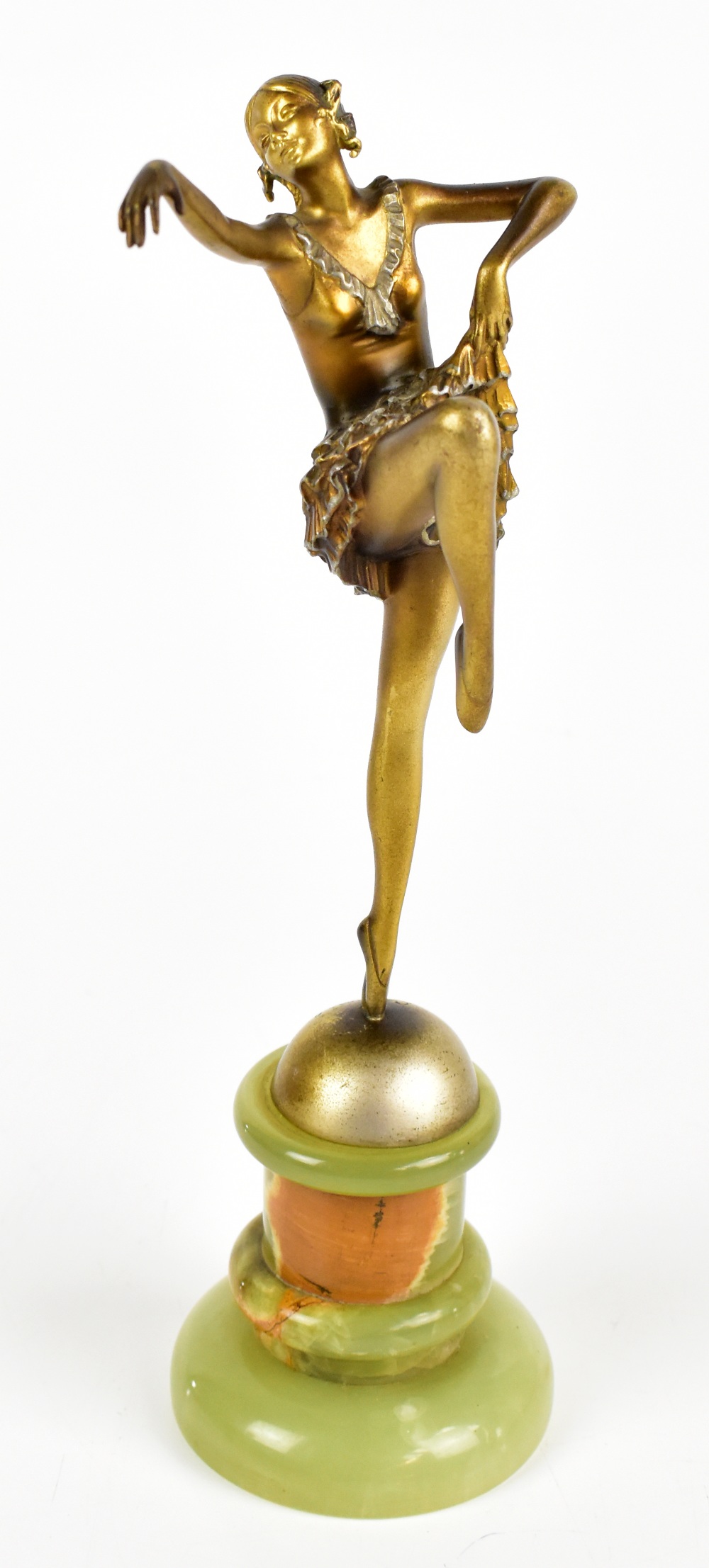 JOSEF LORENZL (1892-1950); an Art Deco gilt and silvered bronze figure of a female dancer on onyx