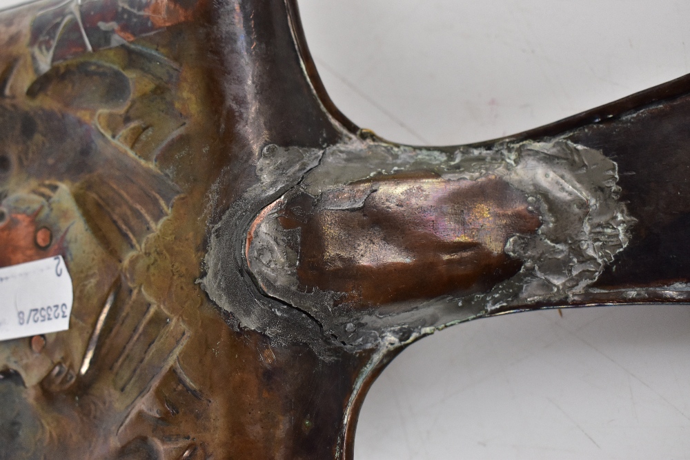 NEWLYN; an Arts & Crafts copper chamber stick with repoussé decoration depicting fish, with - Image 3 of 4