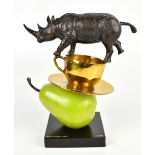 GILLIE & MARC; a contemporary bronze sculpture, 'The Rhino Just Wanted a Coffee and Pear', signed