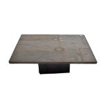 ATTRIBUTED TO PAUL KINGMA (born 1931); a square topped concrete coffee table with incised linear