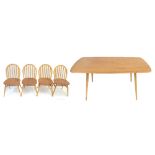 ERCOL; a light elm five piece dining suite comprising refectory table, height 71cm, length 152cm,