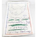 AFTER PABLO PICASSO; a coloured print, a dove above text with pencil signature and number 950