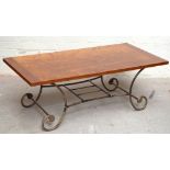 A contemporary mahogany coffee table, raised on metal frame, height 44cm, length 121cm, width 61cm.