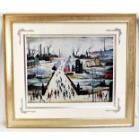 AFTER LAURENCE STEPHEN LOWRY; a large coloured print, ‘The Canal Bridge’, bearing blind stamp