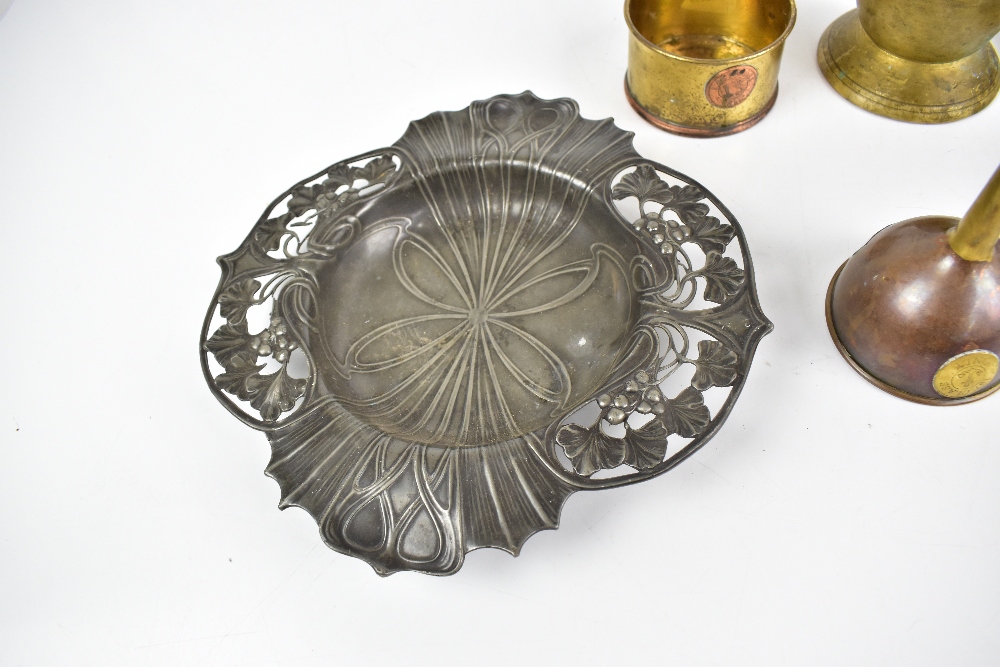 A brass pestle and mortar, a copper funnel, an Art Nouveau pewter dish (af), an advertising Tyler' - Image 3 of 4