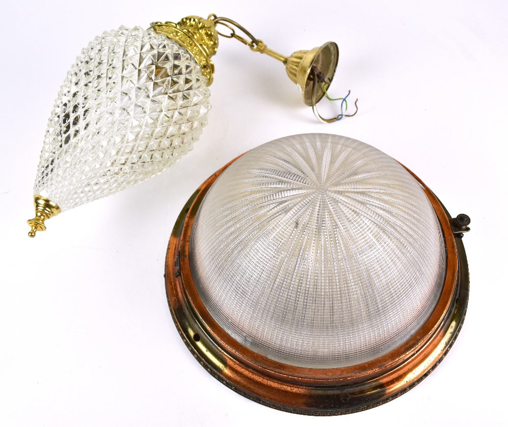 A gilt metal pendant light with moulded tapered shade, length approx 40cm, and a domed ceiling light