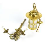 A brass lantern form ceiling light with opaque glass shade, length approx 37.5cm, and a gilt metal