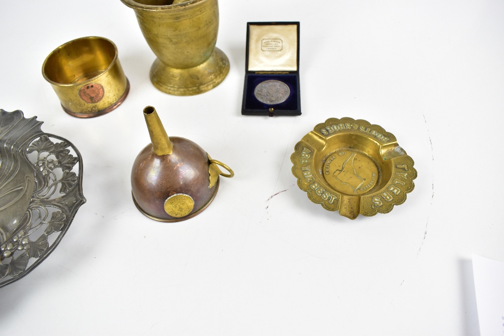 A brass pestle and mortar, a copper funnel, an Art Nouveau pewter dish (af), an advertising Tyler' - Image 4 of 4