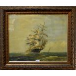 INDISTINCTLY SIGNED; oil, sailing ship in full sail on choppy seas with seagulls in the foreground,