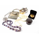 A quantity of costume jewellery to include two silver bracelets, two silver torc bracelets,