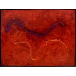 WILLEM MERK; oil on canvas, abstract blue and yellow curved lines on a red ground,