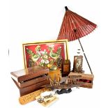 A vintage Drenes coffee grinder, small decorative box, model of a junk, bamboo umbrella,