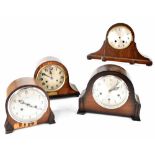 Four early/mid-20th century oak and mahogany cased clocks to include a Smiths eight-day chiming