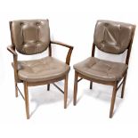 A set of six 1970s teak dining chairs (4+2), each with brown leather button-back seats and backs,
