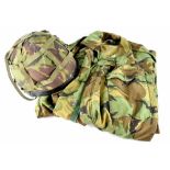 A British Army post-war camouflage jacket, size large and a helmet with camouflage cover (2).